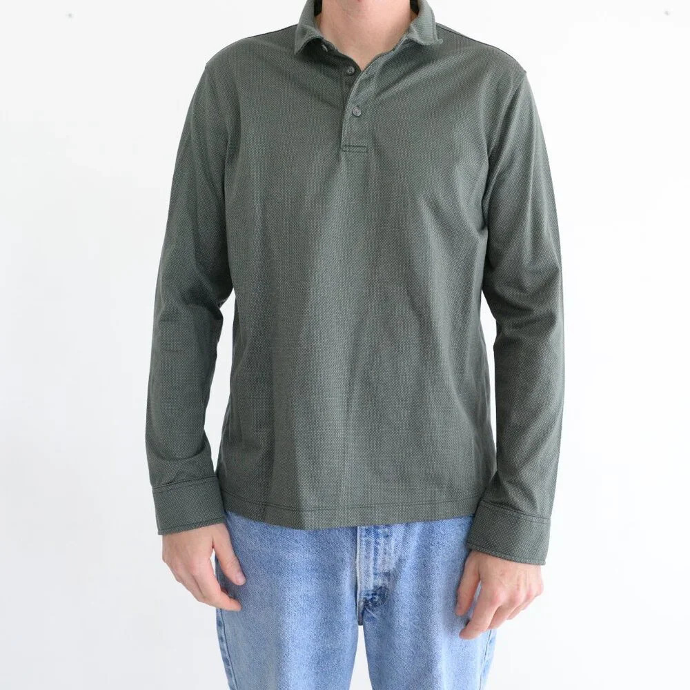 Untuckit Green Button Collar 100%  Cotton Long Sleeve Polo Shirt Medium